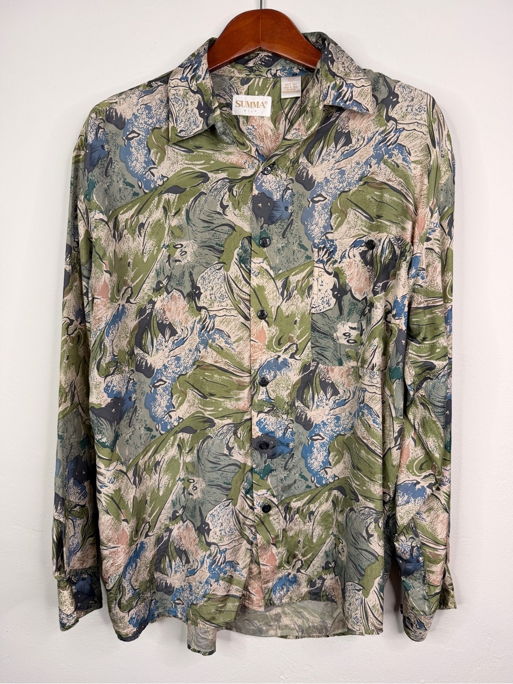 Summa 100% Silk Tropical Print Button Front Blouse Womens Small Green Blue